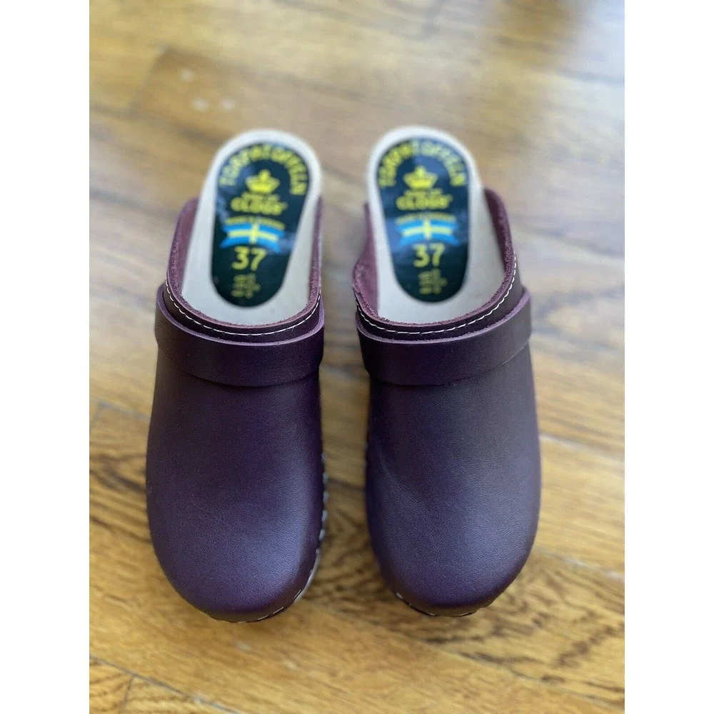 Torpatoffeln Cape Clogs Sweden Burgundy Leather Wooden Heel Women's US 7 (37) - Picture 2 of 8